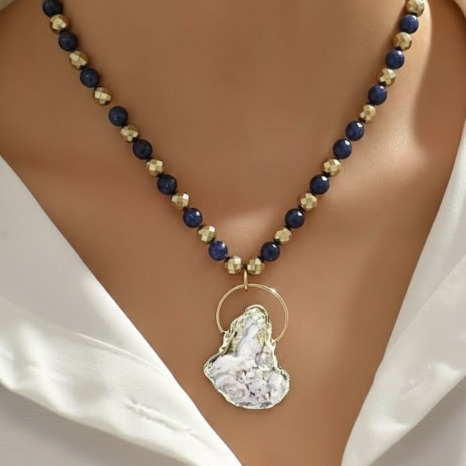 Golden Hematite and gold blue beads with raw geode pendent