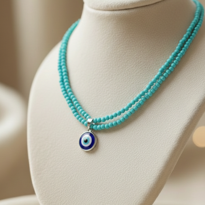 Turquoise beads  Necklace with evileye charm